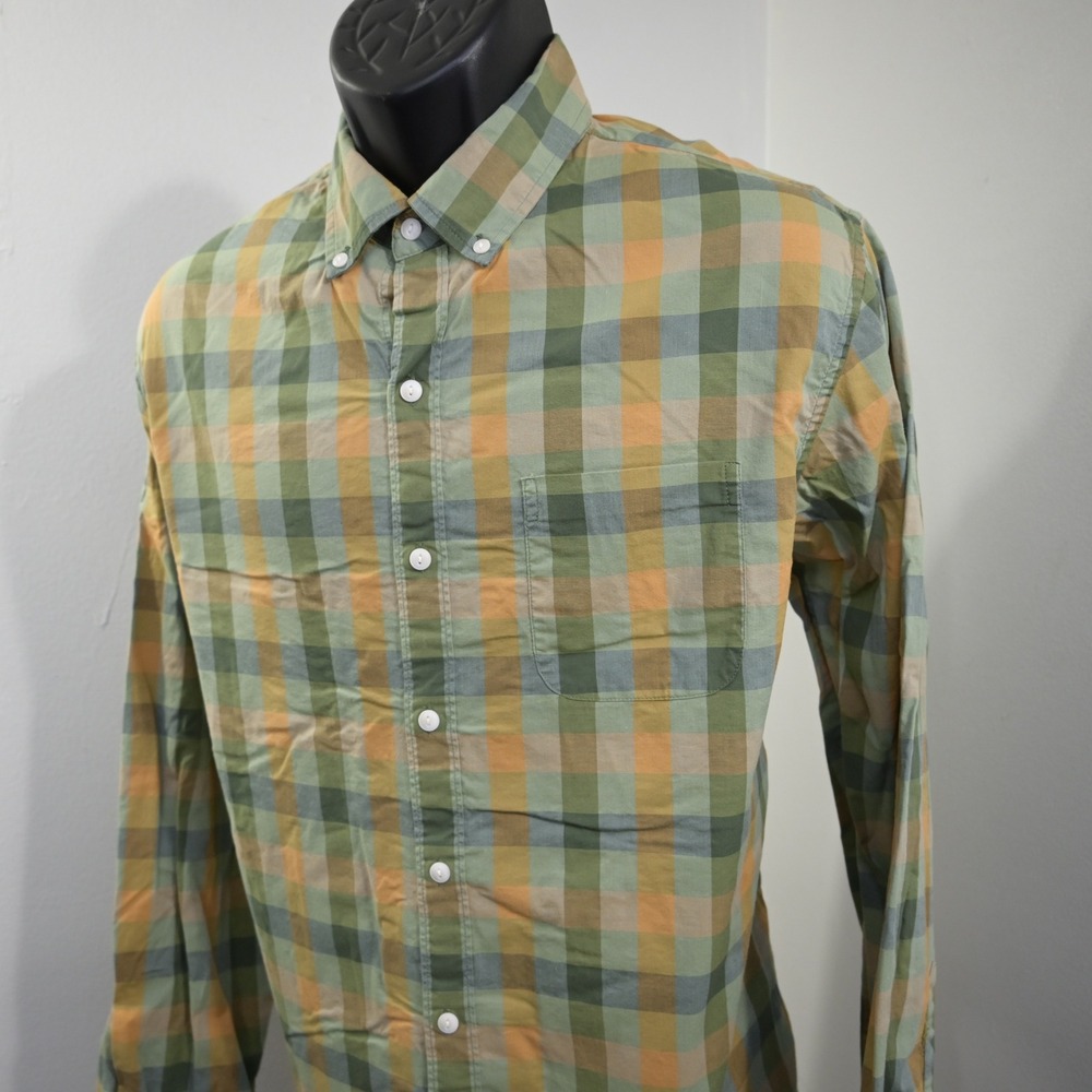 Bonobos Button‎ Up Men Large Standard Fit Green Orange Plaid Stretch Cotton